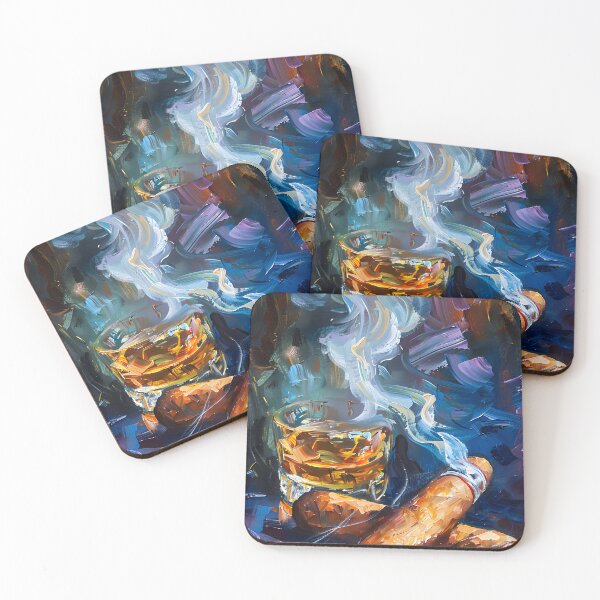 Item preview, Cigar Aficionado Whiskey Whimsy - Vivid Brushstrokes and Smoky Serenade in Blue Ambiance AI Generated designed and sold by OlfactoART Studio.