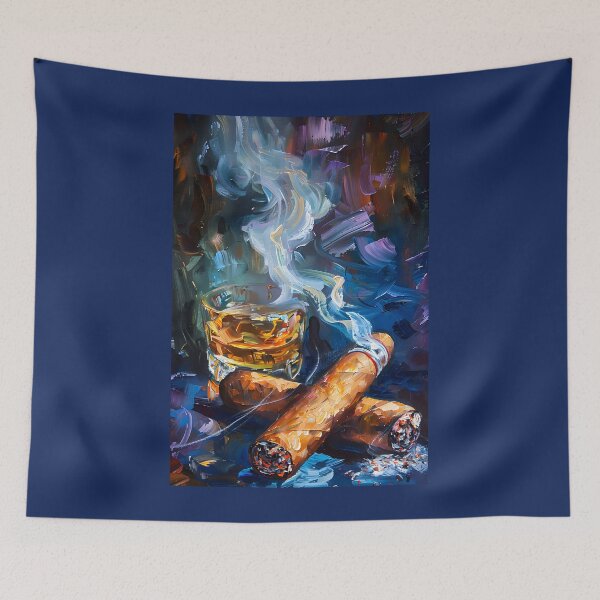 Item preview, Cigar Aficionado Whiskey Whimsy - Vivid Brushstrokes and Smoky Serenade in Blue Ambiance AI Generated designed and sold by OlfactoART Studio.