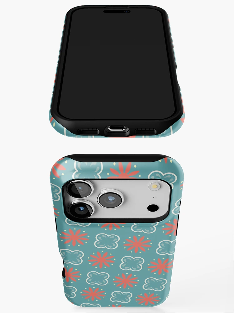 Aperçu 3 sur 4. Coque iPhone avec l'œuvre Fleurs Sarcelle Et Rouges Sur Motif Turquoise créée et vendue par PatternsPalette.