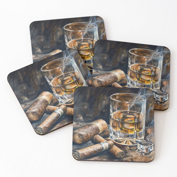 Artikelvorschau, Cigar Aficionado Amber Tranquility - Whisky- und Zigarren-Kunstdruck mit zartem Rauch, KI-generiert entworfen und verkauft von OlfactoART Studio.