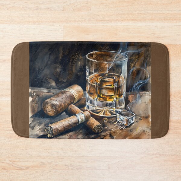 Artikelvorschau, Cigar Aficionado Amber Tranquility - Whisky- und Zigarren-Kunstdruck mit zartem Rauch, KI-generiert entworfen und verkauft von OlfactoART Studio.