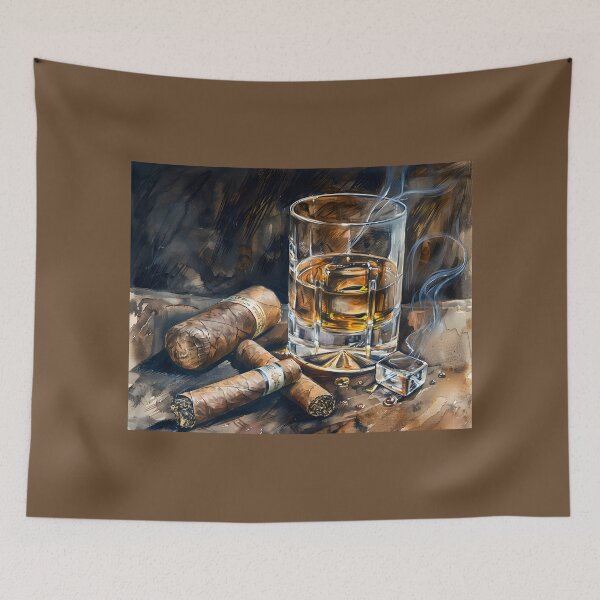 Artikelvorschau, Cigar Aficionado Amber Tranquility - Whisky- und Zigarren-Kunstdruck mit zartem Rauch, KI-generiert entworfen und verkauft von OlfactoART Studio.