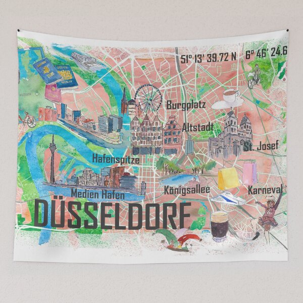 Item preview, Dusseldorf Germany NRW Illustrated Map with Roads and Tourist Highlights designed and sold by artshop77.