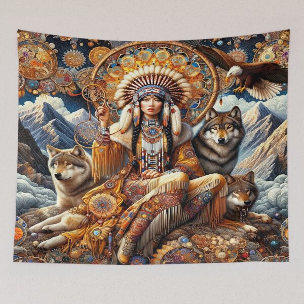 Item preview, Mystical Native American Woman with Wolves - Spiritual Tribal Art designed and sold by Suzana Djordjevic.