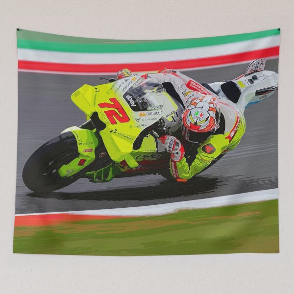 Item preview,  Marco Bezzecchi racing his MotoGP motorcycle through the corners of Mugello watercolor designed and sold by Rodissimus1984.
