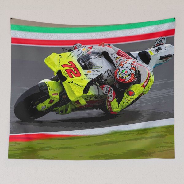 Item preview, Marco Bezzecchi racing his MotoGP motorcycle through the corners of Mugello abstract designed and sold by Rodissimus1984.
