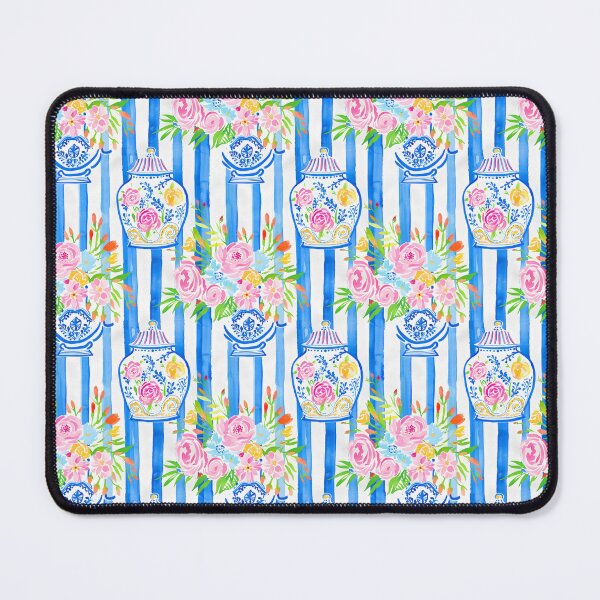 Item preview, Grandmillennial flowers in chinoiserie jars on blue and white stripes designed and sold by SophieClimaArt.