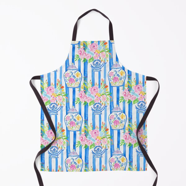 Item preview, Grandmillennial flowers in chinoiserie jars on blue and white stripes designed and sold by SophieClimaArt.