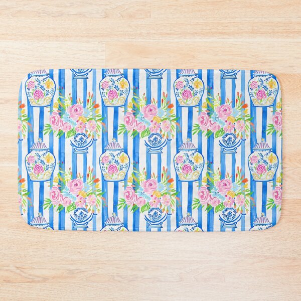 Item preview, Grandmillennial flowers in chinoiserie jars on blue and white stripes designed and sold by SophieClimaArt.