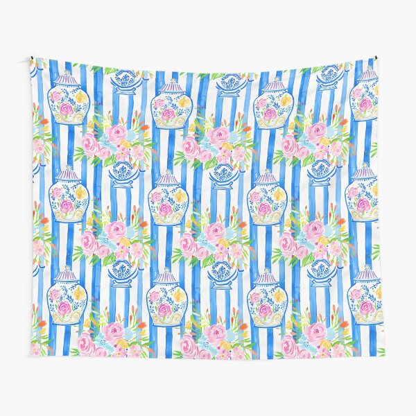 Item preview, Grandmillennial flowers in chinoiserie jars on blue and white stripes designed and sold by SophieClimaArt.