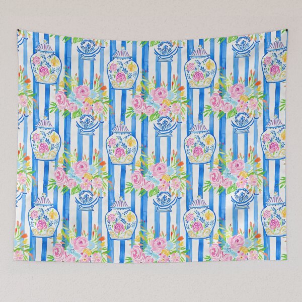 Item preview, Grandmillennial flowers in chinoiserie jars on blue and white stripes designed and sold by SophieClimaArt.