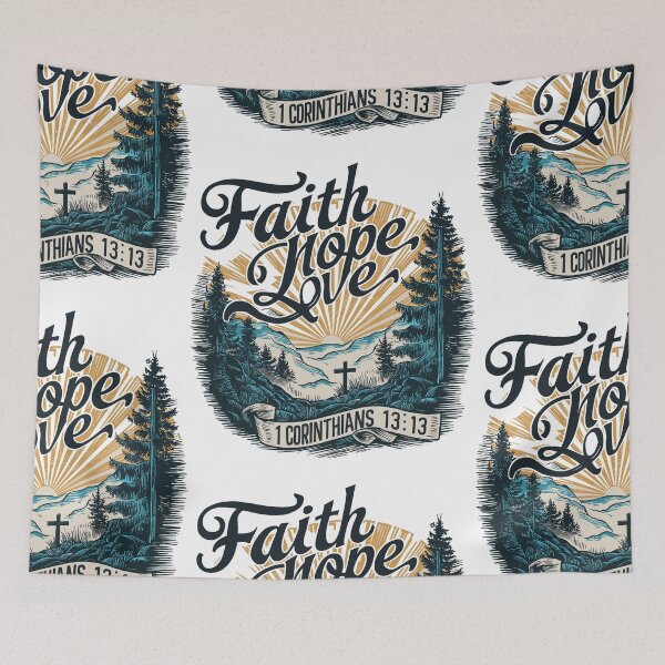 Item preview, Retro Sunrise Over Valley Illustration - "Faith, Hope, Love" Men's Christian Art Design by #HahaHandlesHub designed and sold by HahaHandlesHub.