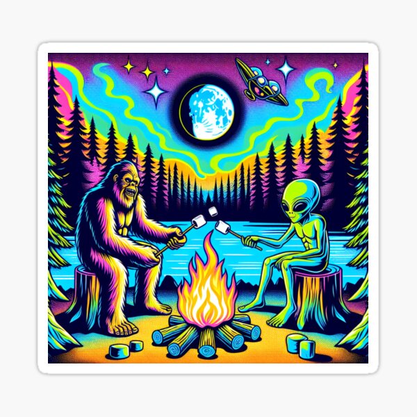 Sasquatch and an Alien roasting marshmallows Sticker