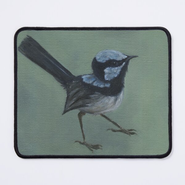 Item preview, Wren art, oil painting of a Superb blue fairy wren on green background designed and sold by RachaelCurryArt.