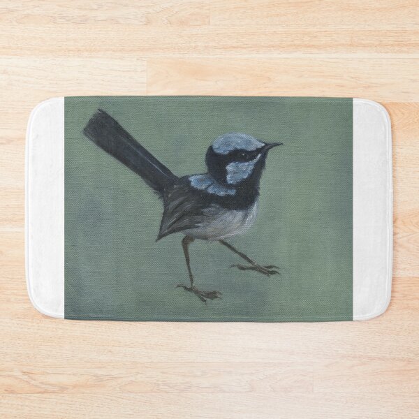 Item preview, Wren art, oil painting of a Superb blue fairy wren on green background designed and sold by RachaelCurryArt.