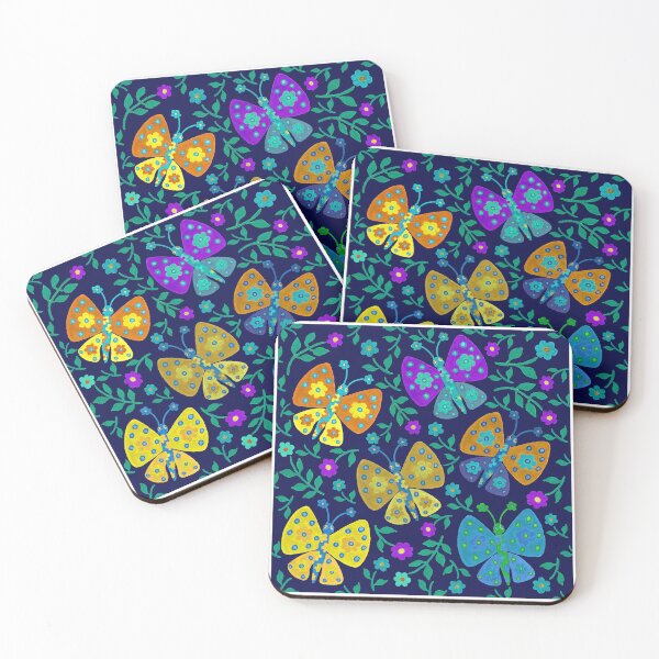 Item preview, Cute flower butterflies in a floral garden in blue and yellow with navy palate designed and sold by Kaushlydraw.