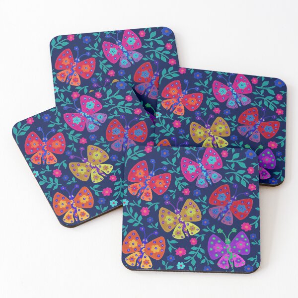 Item preview, Cute flower butterflies in a floral garden in navy palate designed and sold by Kaushlydraw.