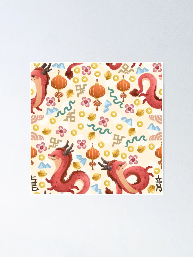 Aperçu 1 sur 3. Poster avec l'œuvre Motif Dragons Rouges créée et vendue par Khotekmei.