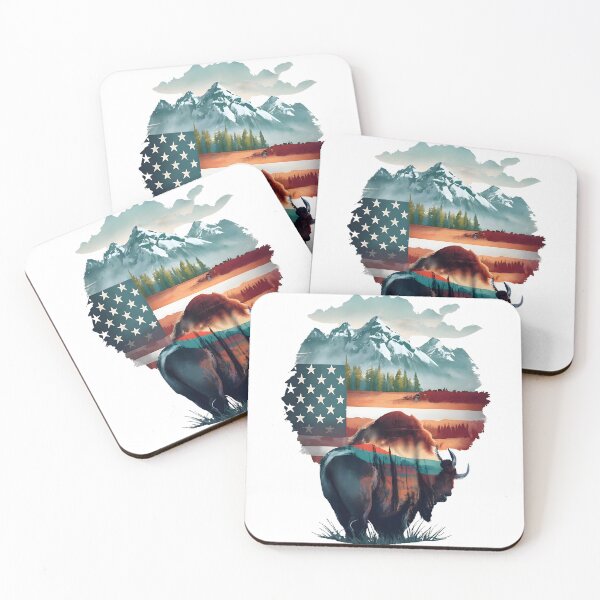 Item preview, Bison, mountains and American flag designed and sold by Ann Miu Deluxe.