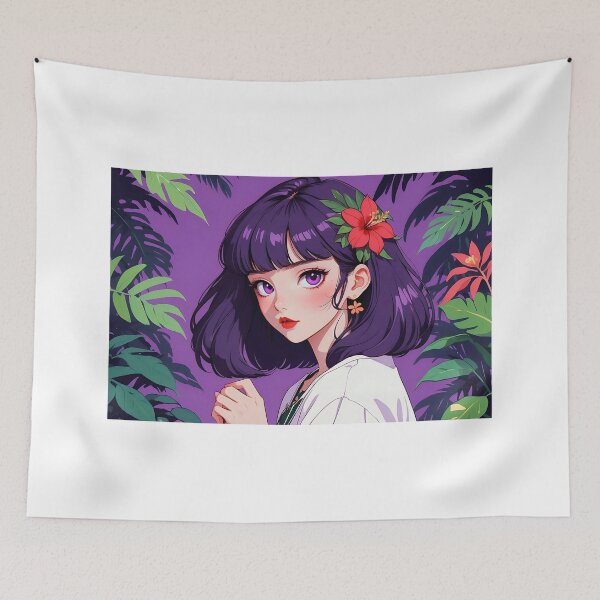 Item preview, Girl With Purple Hair with Tropical Leaves on the Background designed and sold by natalielaf.