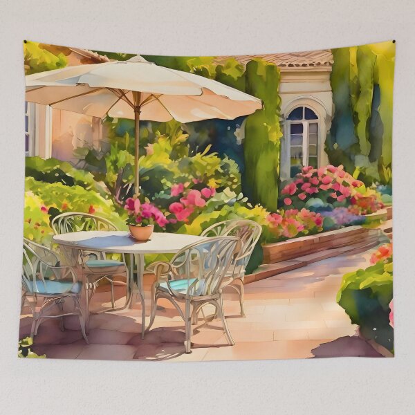 Item preview,  "Impressionist Patio Watercolour Garden with Pool Umbrella"  "Impressionist Patio Scene." designed and sold by Frame of Mind .
