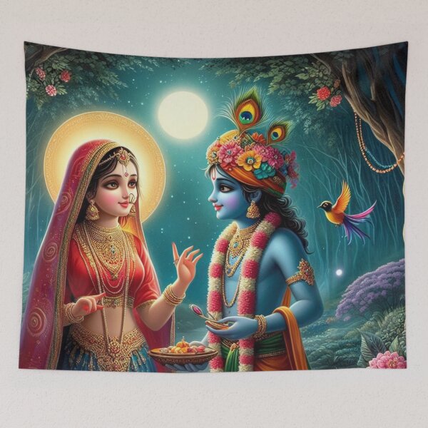 Item preview, Beautiful Radha Krishna Meeting each other in Vrindavan at Night designed and sold by VrindaArts.