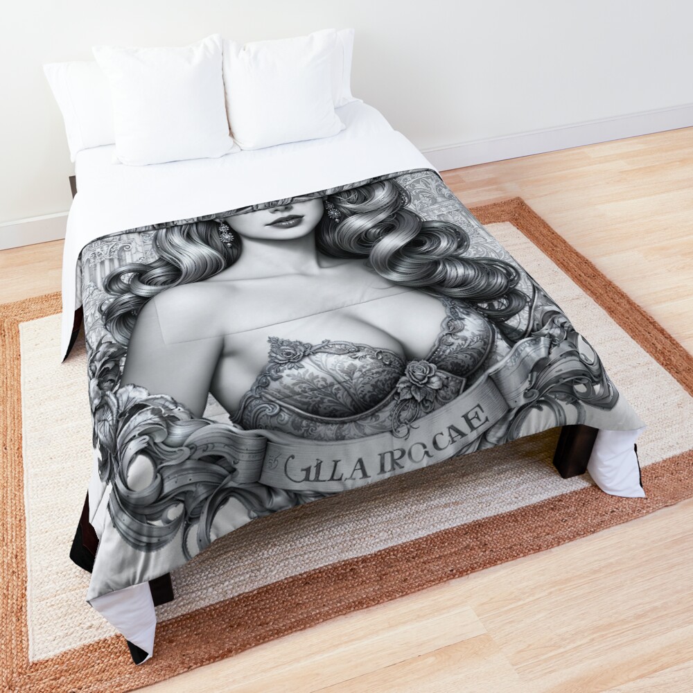 A Stunning Retro Fusion Illustration Portrait Of Gilla Irocae Stunning AI Concept Art by Xzendor7 Decorative Portrait Art Print Comforter