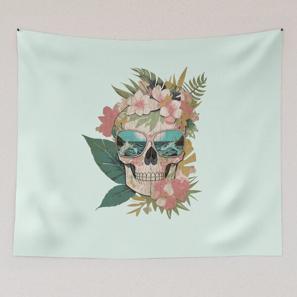 Item preview, Tropical Skull Oasis: Beach Visions Amidst Floral Eternity, cool beach, leaves and flowers T-Shirt designed and sold by Collagedream.