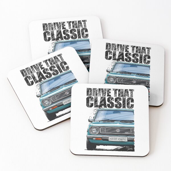 Item preview, Drive That Classic featuring the Iconic Datsun 1200 GX in turquoise. (light coloured background) designed and sold by Petrolhead T-Shirts and Art.