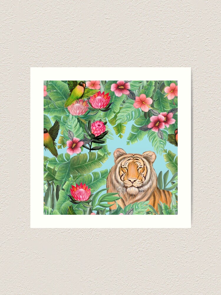 Alternate view of Tiger Jungle Tropical Flowers and palms with tiger hiding Art Print