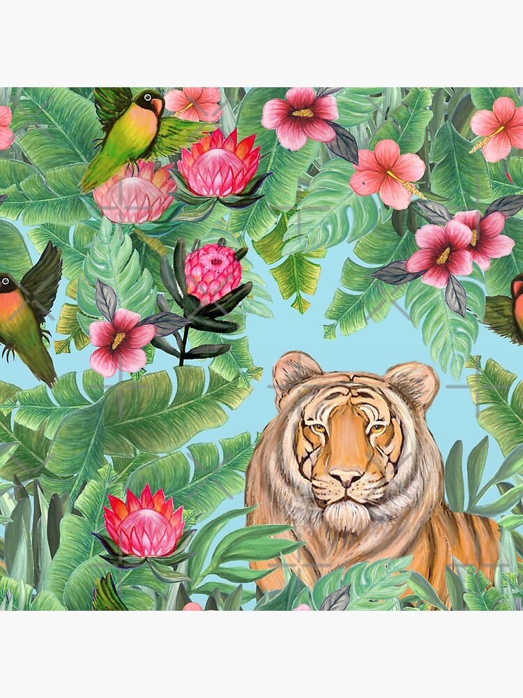 Tiger Jungle Tropical Flowers and palms with tiger hiding by MagentaRose
