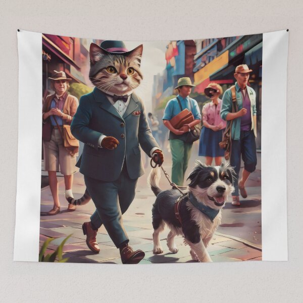 Item preview, Cat and dog on a walk. designed and sold by MyHappyArtShop.