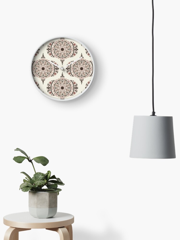 Clock, Warm Neutrals Espresso Martini Dot Mandala Retro Ogee designed and sold by Triplicate Limited