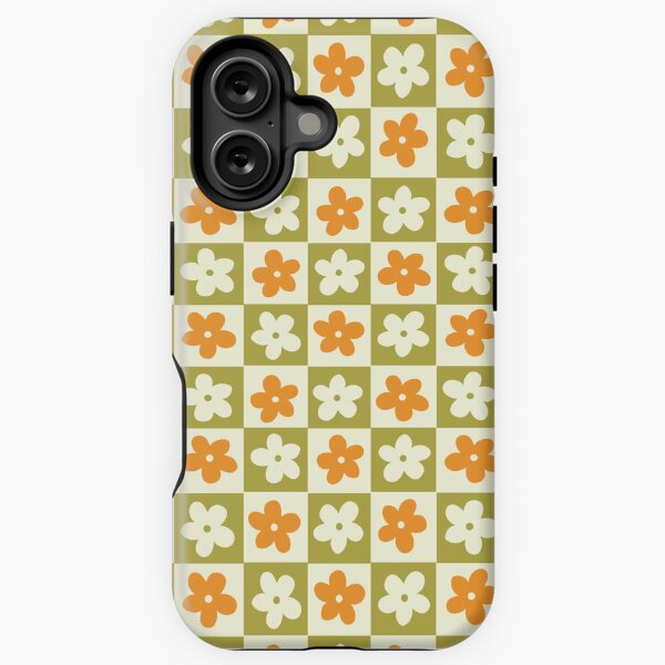 Green / Orange / Off White Checkered Squares with Flowers iPhone Tough Case