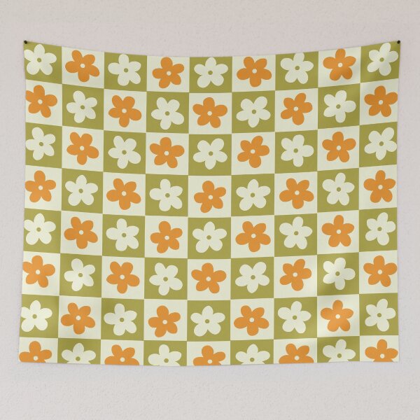 Item preview, Green / Orange / Off White Checkered Squares with Flowers designed and sold by xxroseate.