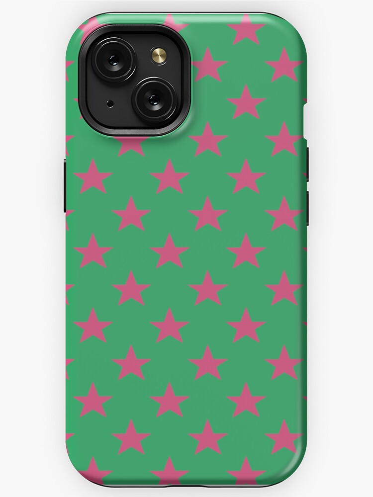 iPhone Case, Geometric Maximalist Rainbow Fandango Pink Stars On Island Green designed and sold by Triplicate Limited