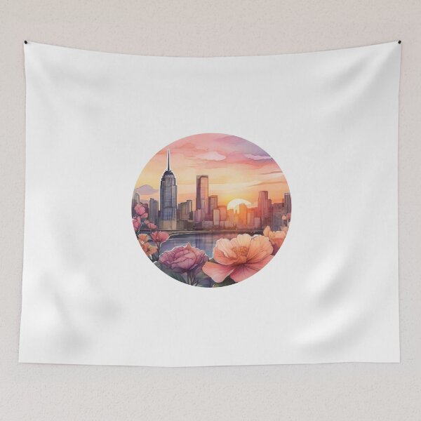 Item preview, Detailed Floral Cityscape Sunset Sticker in Watercolor (1406) designed and sold by WASjourney.