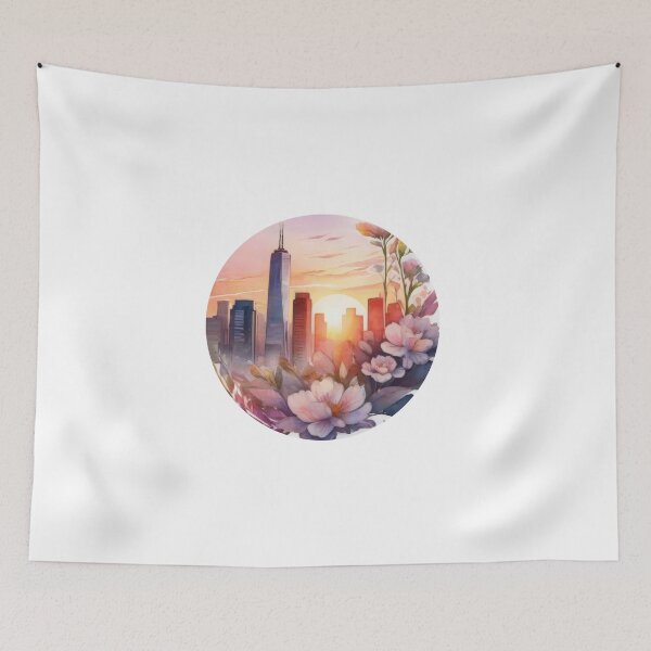Item preview, Watercolor Cityscape Sunset Sticker with Floral Details (1415) designed and sold by WASjourney.