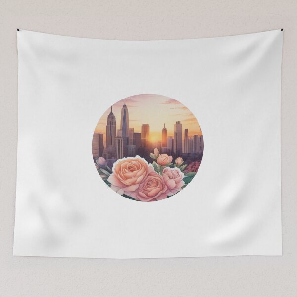 Item preview, Highly Detailed Watercolor Sunset City Sticker with Florals (1418) designed and sold by WASjourney.