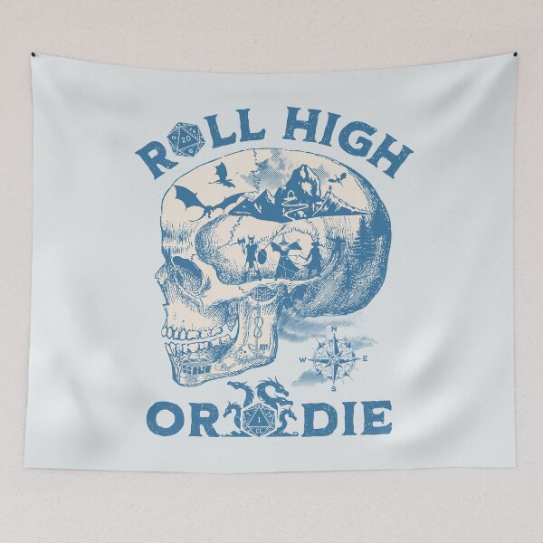 Item preview, Dungeons and Dragons: Roll High or Die. Party fighting dragons in a Skull Scene. designed and sold by DungeonAtelier.
