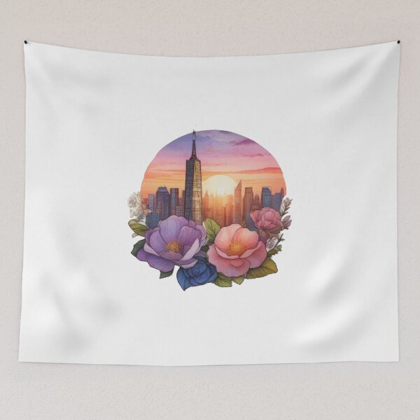 Item preview, Floral Watercolor Cityscape Sunset Sticker (1428) designed and sold by WASjourney.