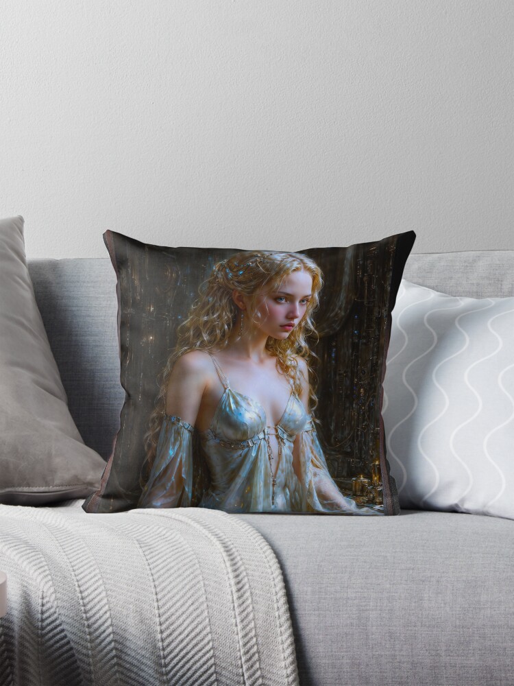 The Ethereal Beauty Dalmida In A Futuristic Lab Aboard A Retro Rocketship Mesmerizing AI Concept Art by Xzendor7 Decorative Sci-Fi Portrait Art Print Throw Pillow