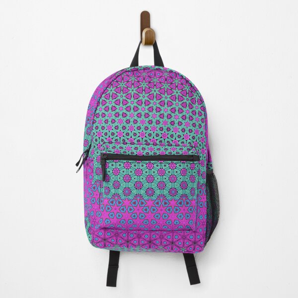 Item preview, A seamless pattern of an intricate teal and purple geometric tile design with many small stars, in the background there is a gradient from dark pink to light blue designed and sold by OwlWorks.