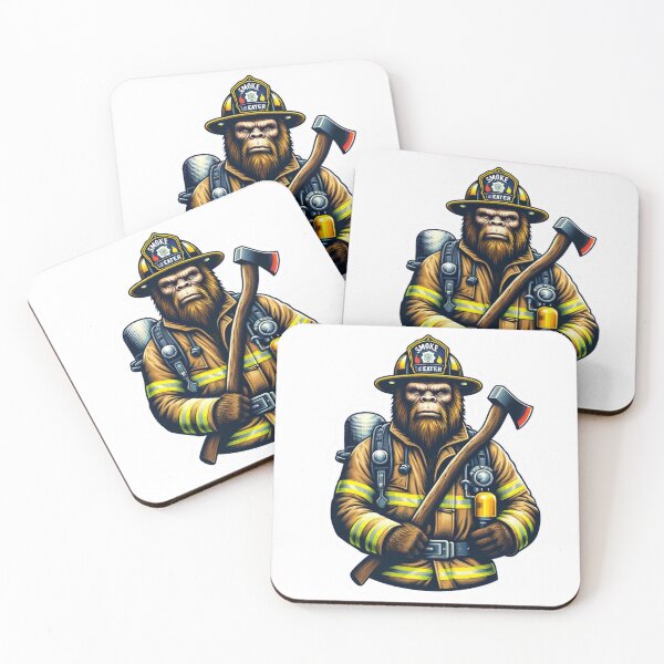 Artikelvorschau, Bigfoot als Feuerwehrmann in Bunkermontur mit Smoke Eater auf dem Helm entworfen und verkauft von BrinaandPops.