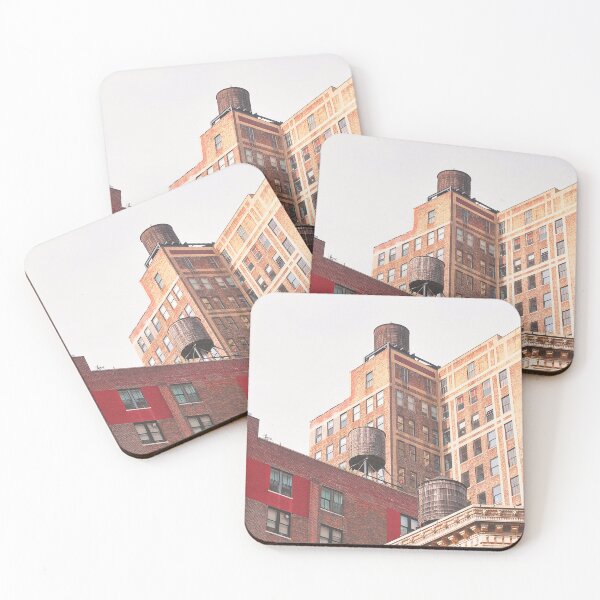 Item preview, New York, USA I Roofs with water tanks in skyline with its minimalist industrial red brick new yorker loft architecture in a red aesthetic with the retro vintage style of old film photography designed and sold by Julie Travel Photography.