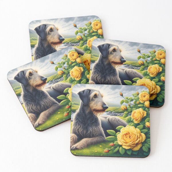 Item preview, Scottish Deerhound next to a Yellow Rose Bush designed and sold by EmeraldeaArt.