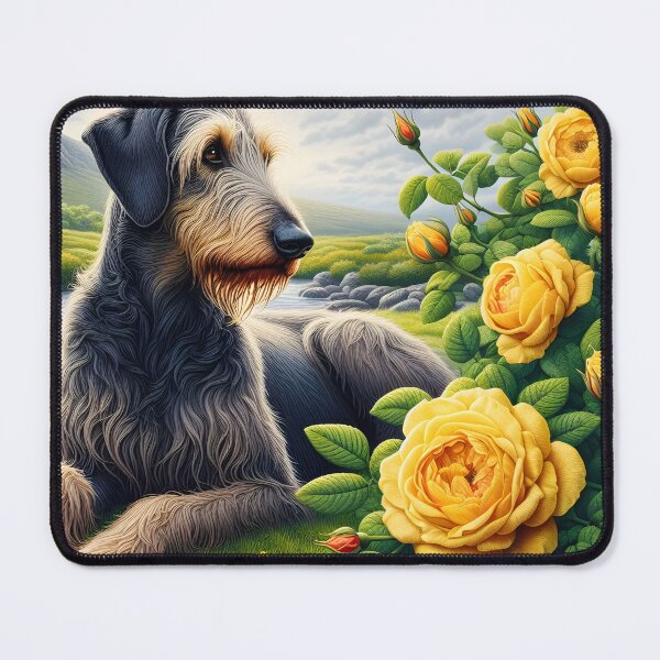 Item preview, Scottish Deerhound next to a Yellow Rose Bush designed and sold by EmeraldeaArt.