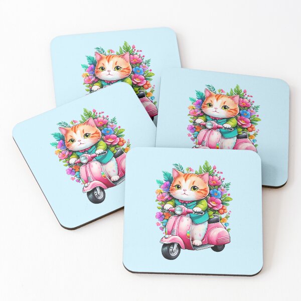Item preview, "Whisker Wheels: Cat Cruising on Vintage Pink Scooter with Floral Splash" designed and sold by Cosmicreations1.