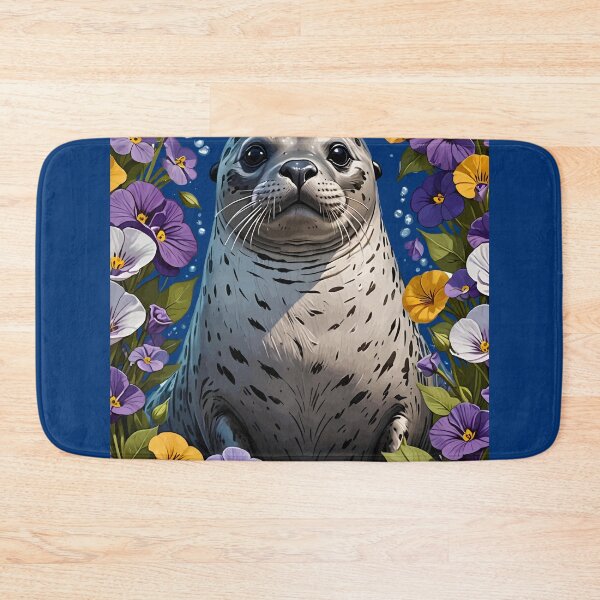 Item preview, Cartoon Of A Harbor Seal Surrounded By Viola sororia Flowers designed and sold by taiche.