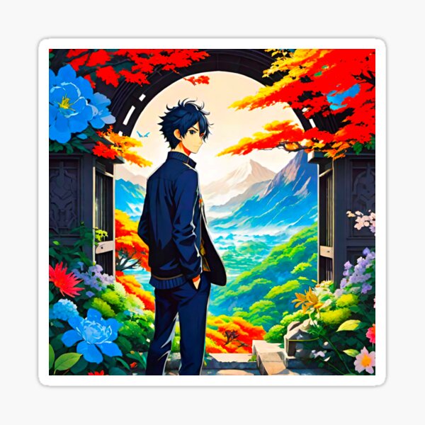 Item preview, Jeune homme d'anime japonais regardant à travers une porte entourée de fleurs designed and sold by GrizzlyCompany.